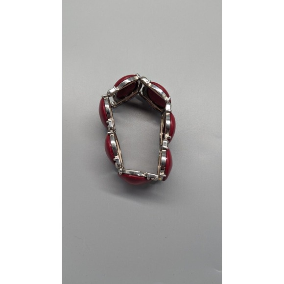 Red Acrylic Necklace Bracelet Set Pendant Silver Tone Chain Adjustable Necklace - Picture 7 of 10